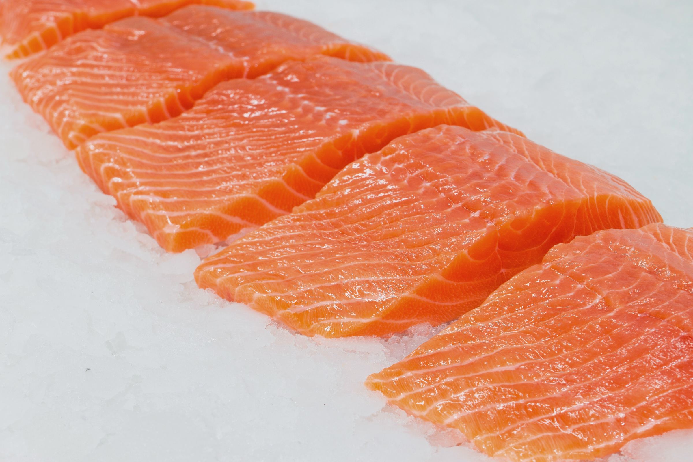 Fresh Atlantic salmon fillets fanned out on ice, orange flesh striped with white marbling.